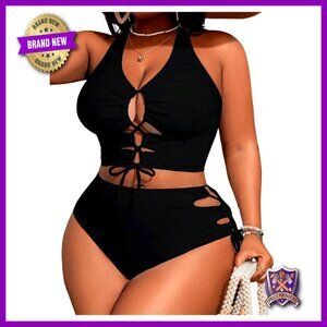 Plus Size Bikini Set Lace Up Tummy Control High Waist Swimsuit